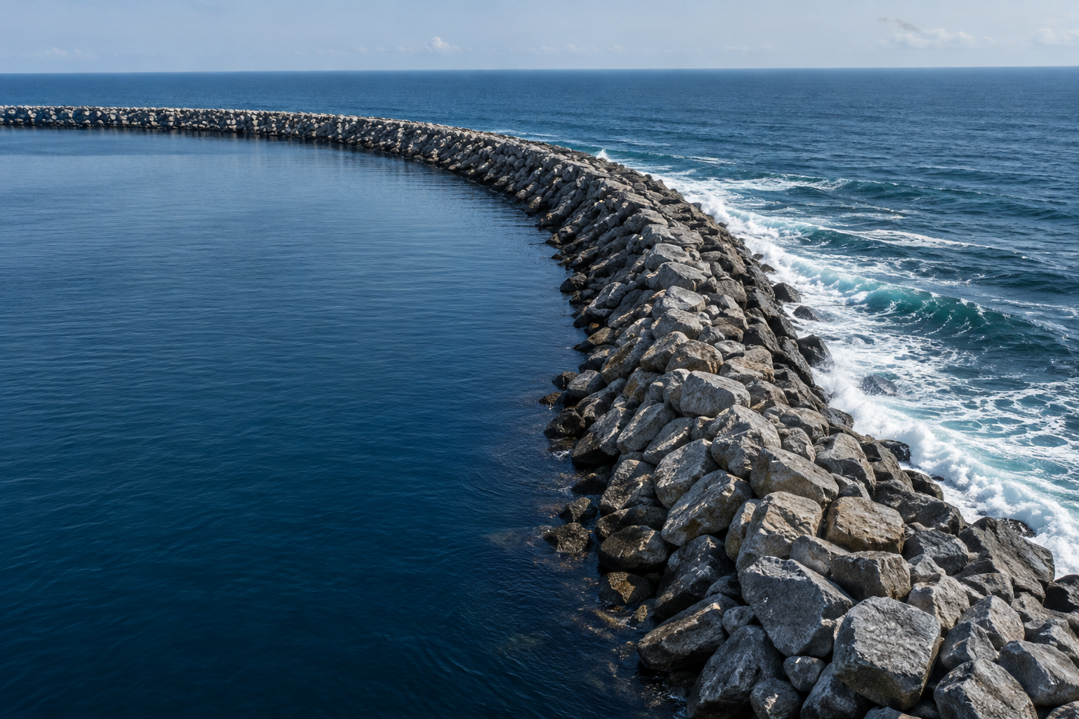 A coastal breakwater sheltering calm water from the open ocean